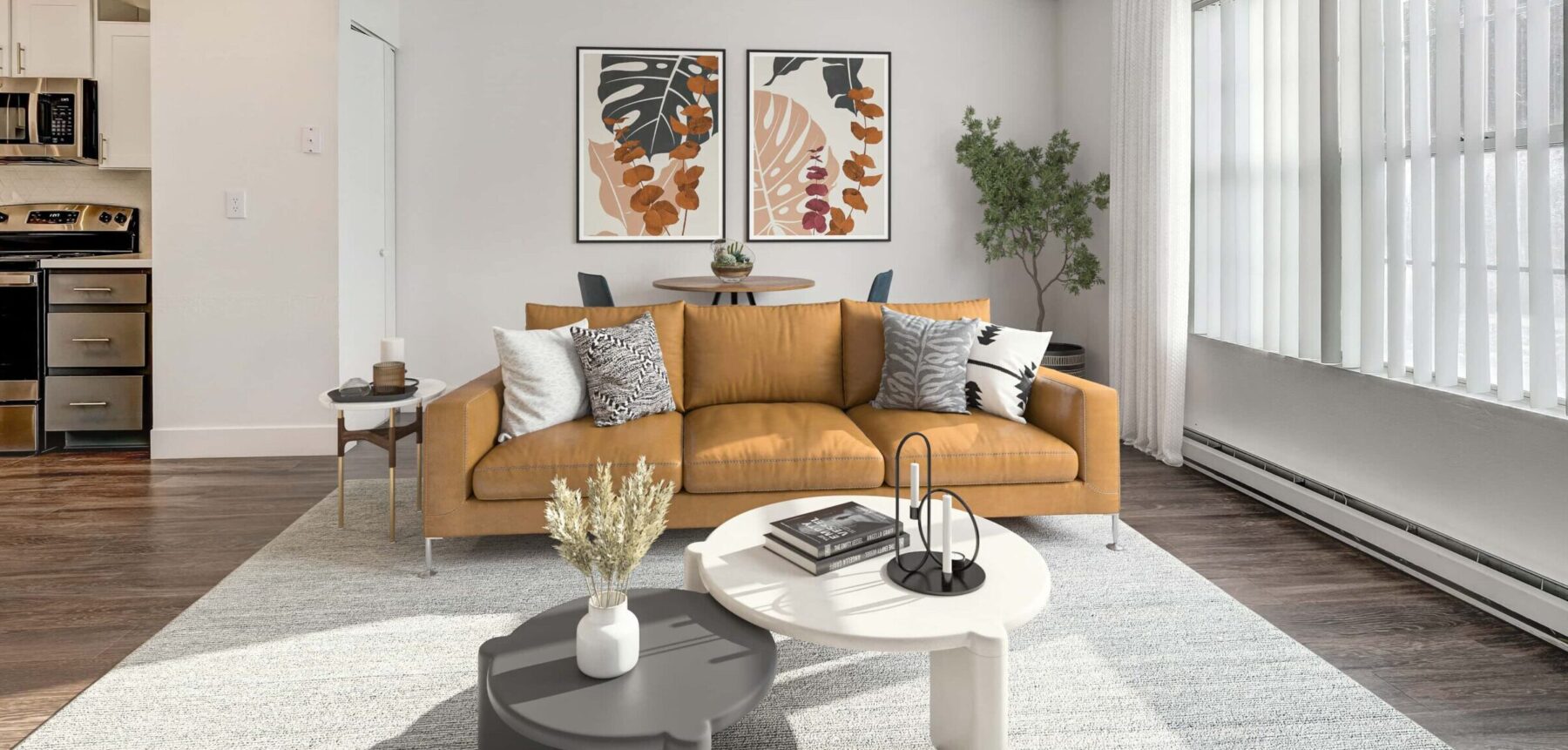 Living room with a couch and wall arts